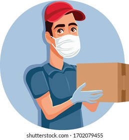 Delivery Man Wearing Protective Mask and Gloves Vector Illustration. Shipping service worker wearing protection medical equipment  
