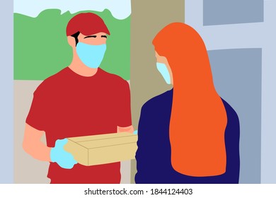 A delivery man wearing a protective mask and gloves gives the box to a woman
