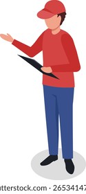 Lieferant, der eine rote Mütze und ein Hemd trägt, während er mit der Hand gestikuliert, in einem Porträt in voller Länge auf sauberem, weißem Hintergrund aufgenommen
