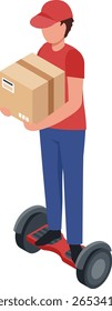 Delivery man wearing a red t shirt and cap, riding a red and black hoverboard while carrying a cardboard parcel, showcases modern logistics in an isometric view