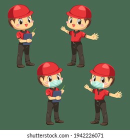Delivery man wearing uniform and cap with checking pad  in cartoon character, isolated flat vector illustration 