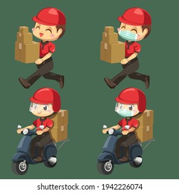 Delivery man wearing uniform and cap with stack of parcel box walking and riding motorcycle for sending to customer in cartoon character, isolated flat vector illustration 