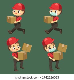 Delivery man wearing uniform and cap with parcel box and envelope in cartoon character, isolated flat vector illustration 