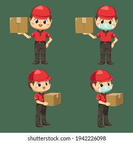 Delivery man wearing uniform and cap with parcel box and envelope in cartoon character, isolated flat vector illustration 