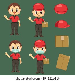 Delivery man wearing uniform and cap with parcel box and envelope in cartoon character, isolated flat vector illustration 