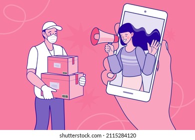 Delivery man white uniform with face mask holding box. Stay home. Save lives. Shopping online and fast shipping while self quarantine in social distancing Coronavirus COVID-19 outbreak concept.