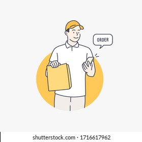  Delivery man in white uniform hold craft paper packet with food. Hand drawn style vector design illustrations.