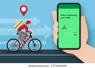 A delivery man who get an order from smart phone, delivering a parcel to customer by bicycle and the city in the background. Stay safe at home delivery during coronavirus covid-19 crisis concept. 
