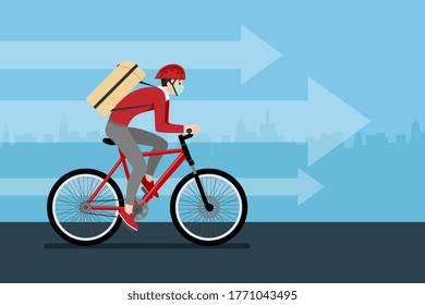 A delivery man who get an order from smart phone, delivering a parcel to customer by bicycle and the city in the background. Stay safe at home delivery during coronavirus covid-19 crisis concept. 