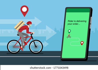 A delivery man who get an order from smart phone, delivering a parcel to customer by bicycle and the city in the background. Stay safe at home delivery during coronavirus covid-19 crisis concept. 