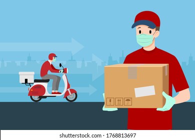 A delivery man who ware mask and rubber gloves get an order from smart phone, delivering a parcel to customer by motorbike. Stay safe at home delivery during coronavirus covid-19 crisis concept. 