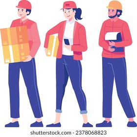 Delivery man and woman in uniform with boxes. Online shopping concept. Social networking and online communication concept. Vector illustration