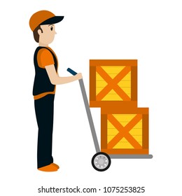 delivery man with wood boxes in the platform trolleys