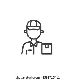 Delivery man worker line icon. linear style sign for mobile concept and web design. Courier delivery box outline vector icon. Symbol, logo illustration. Vector graphics