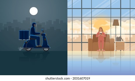The delivery man working hard, riding motorcycle all night. Deliver and transport product to the customer, waiting for the item from smartphone online shopping app at house living room in the morning.