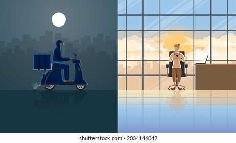 The delivery man working hard, riding a motorcycle all night. Deliver and transport products to customers who are waiting for items from a smartphone online shopping app at an office in the morning.