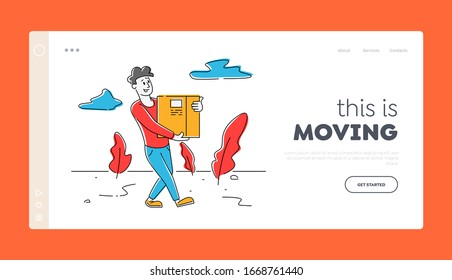 Delivery Man Working Landing Page Template. Courier Man Character Carry Parcel Box. Package Mail Delivery Service, Postage Transportation. Loader Bringing Packing in Post. Linear Vector Illustration