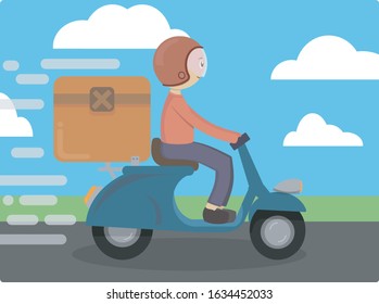 Delivery man working, riding his motorbike and transporting something.