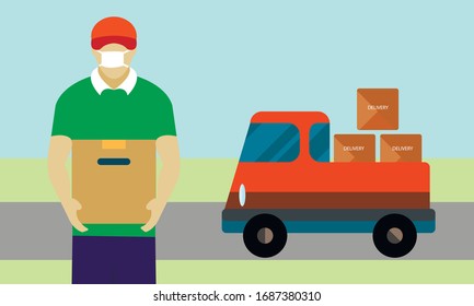 Delivery Man Worldwide Shipping Package Courier Vector Stay Home Logistic Corona Virus
