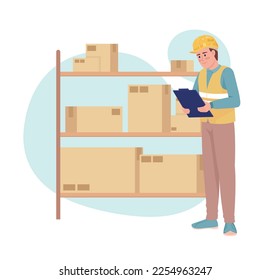 Delivery management 2D vector isolated illustration. Warehouse manager standing near shelves with boxes flat character on cartoon background. Colorful editable scene for mobile, website, presentation