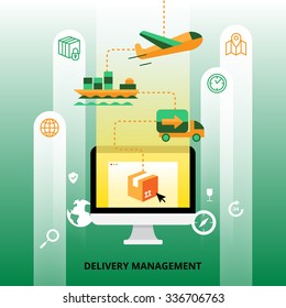Delivery management with plane cargo ship and truck transportation flat vector illustration 