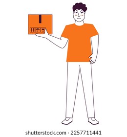 Delivery man.Business delivery goods express service.Courier by parcel.Outline vector illustration.Isolated on white background.