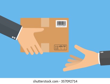 Delivery man`s hand giving cardboard package to another hand. Delivery concept. Flat style