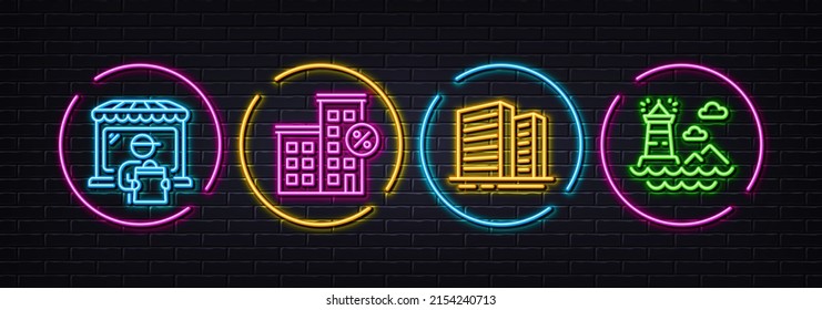 Delivery market, Buildings and Loan house minimal line icons. Neon laser 3d lights. Lighthouse icons. For web, application, printing. Store courier, Town apartments, Discount percent. Vector