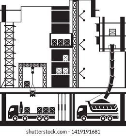 Delivery of materials and cleaning of construction site - vector illustration
