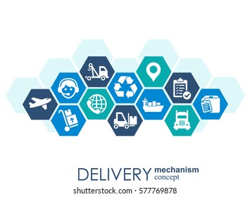 Delivery mechanism concept. Abstract background with connected gears and icons for logistic, service, strategy, shipping, distribution, transport, market, communicate concepts. Vector interactive.