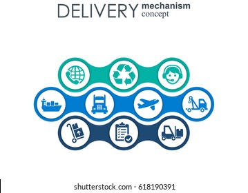Delivery mechanism concept. Abstract background with connected gears and icons for logistic, service, strategy, shipping, distribution, transport, market, communicate concepts. Vector interactive.