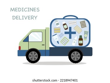 Delivery of medicines. First aid kit with medicaments. Flat style. Vector illustration 