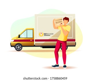Delivery men with big package and delivery truck on background. Delivery services, Online order, trucking. Vector illustration for poster, banner, advertising.