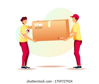 Delivery men carrying a big box. Delivery services, Online order, Deliveryman, Cargo transportation concept. Isolated vector illustration.