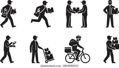 Delivery men and couriers carrying boxes riding bike delivering packages