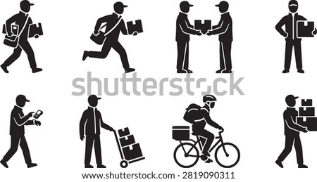 Delivery men and couriers carrying boxes riding bike delivering packages