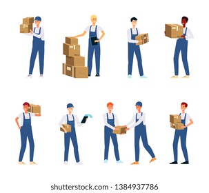 Delivery men or couriers in uniform holding and carrying parcel boxes set of flat vector illustrations isolated on white background. Mail service and package icons.