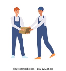 Delivery men or couriers in uniform overall passing each other cardboard box flat vector illustration isolated on white background. Mail service and package concept.