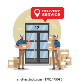 Delivery men doing online delivery service with many boxes at the door of a building.