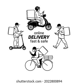 Delivery men in face masks walking, riding bicycle, electric scooter, motorbike. Couriers with parcel box checking order with smartphone. Online delivery service set Hand drawn vector illustration.