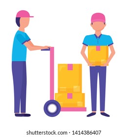 delivery men handcart boxes cargo fast vector illustration