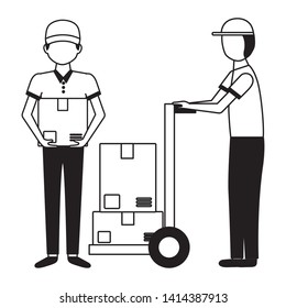 delivery men handcart boxes cargo fast vector illustration