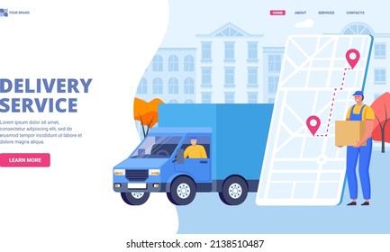 Delivery men holding parcel. Shipping, delivery, moving service, delivery service, relocation application. Courier flat vector illustration. Web site, landing page, banner, hero image.