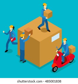 Delivery men isometric composition with courier on scooter girl with bag loaders and big carton vector illustration