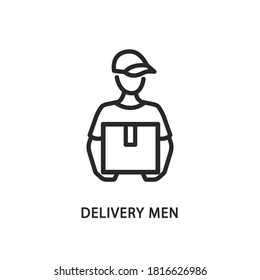 Delivery men line flat icon. Vector illustration a man in a cap holds a box in his hands. Postman. Express delivery to the apartment.