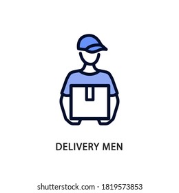 Delivery men line flat icon blue color. Vector illustration a man in a cap holds a box in his hands. Postman. Express delivery to the apartment.