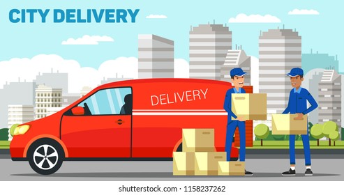 Delivery men with moving boxes near car. Vector illustration