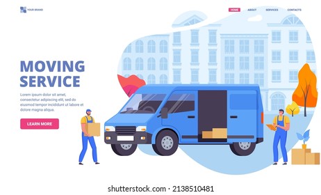 Delivery men moving boxes to a new apartment. Moving service, delivery service, relocation concept. Courier Flat vector illustration. Web site, landing page, banner, hero image.