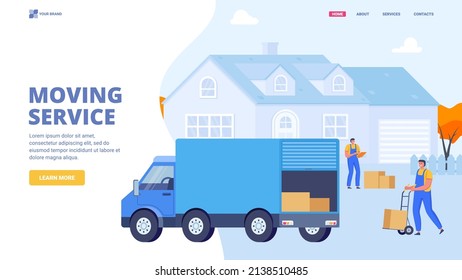 Delivery men moving boxes to a new house. Moving service, delivery service, relocation concept. Courier Flat vector illustration. Web site, landing page, banner, hero image.