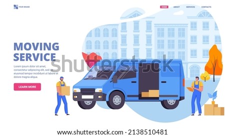 Delivery men moving boxes to a new apartment. Moving service, delivery service, relocation concept. Courier Flat vector illustration. Web site, landing page, banner, hero image.